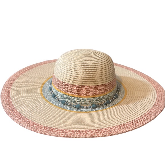 Royal Road Trading Company Turquoise Stone Beaded Band Straw Wide Brim Sun Hat - Picture 5 of 11